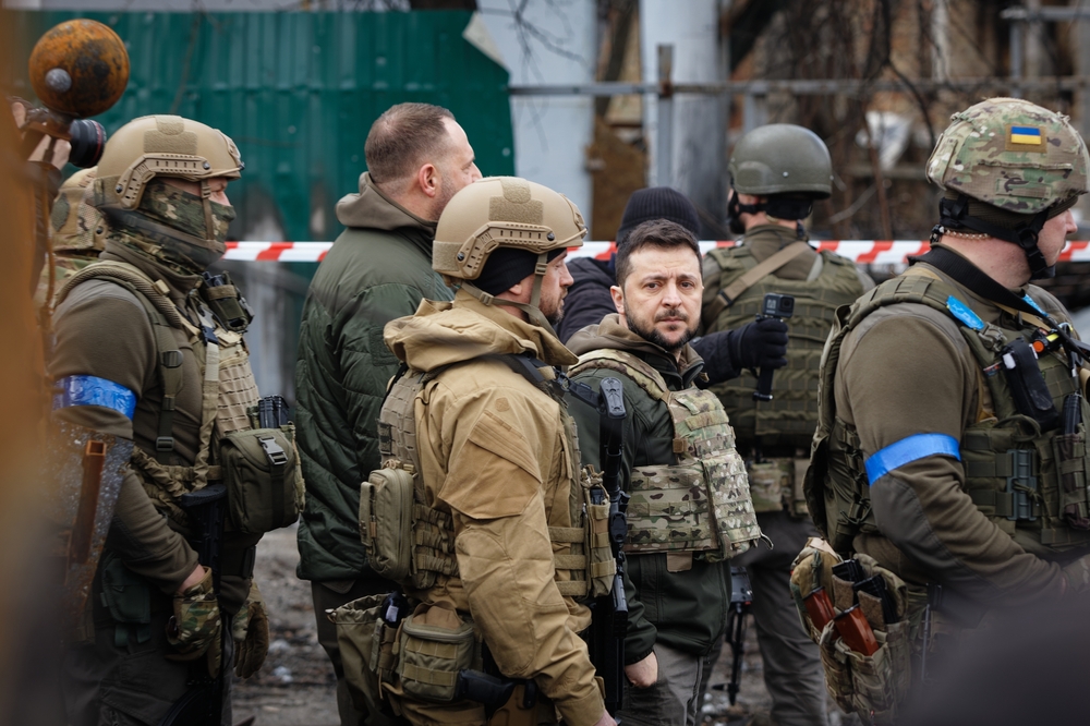 President of Ukraine Volodymyr Zelenskyy visits Bucha in April 2022, after liberating it from Russian occupiers