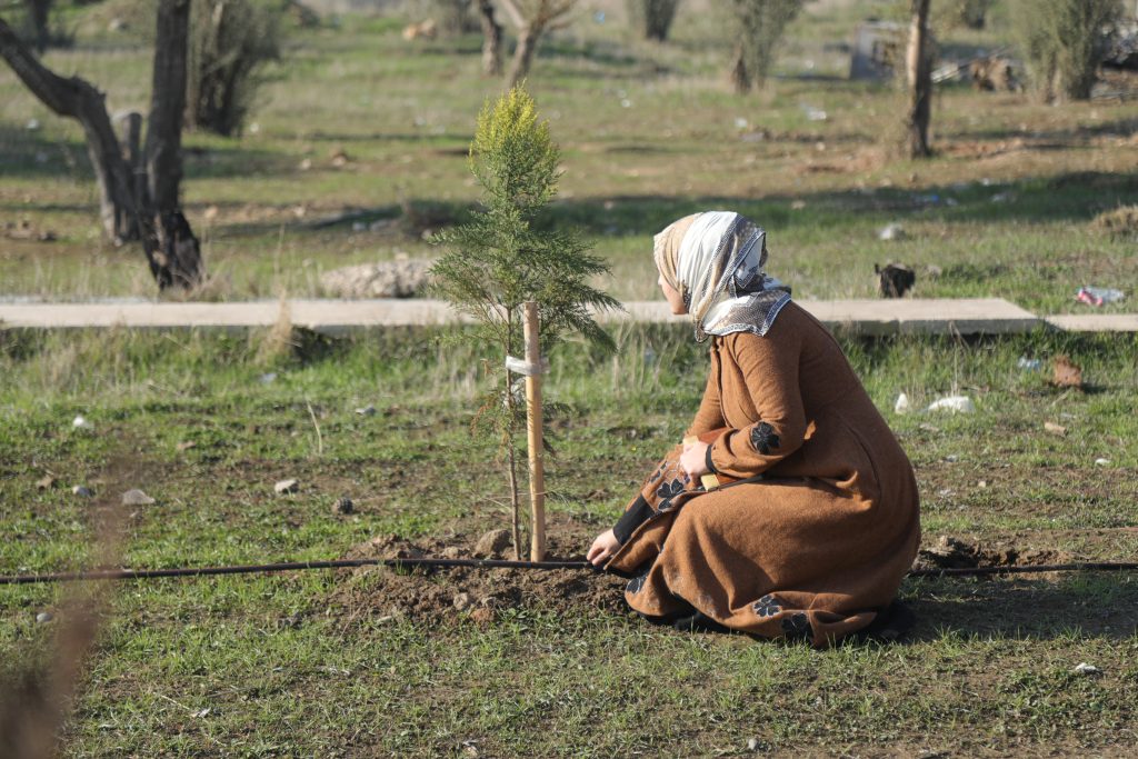Aya Nawfal, a survivor of the 2019 Mosul ferry sinking, planting a tree in memory of her lost family members as part of the Green Mosul Project in the forest of Mosul.