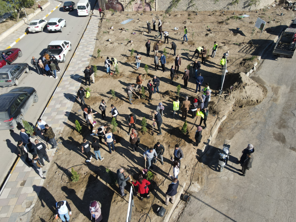 Aerial view of students from Mosul University volunteering with the Green Mosul Project to plant trees along the student pathways at Mosul University.